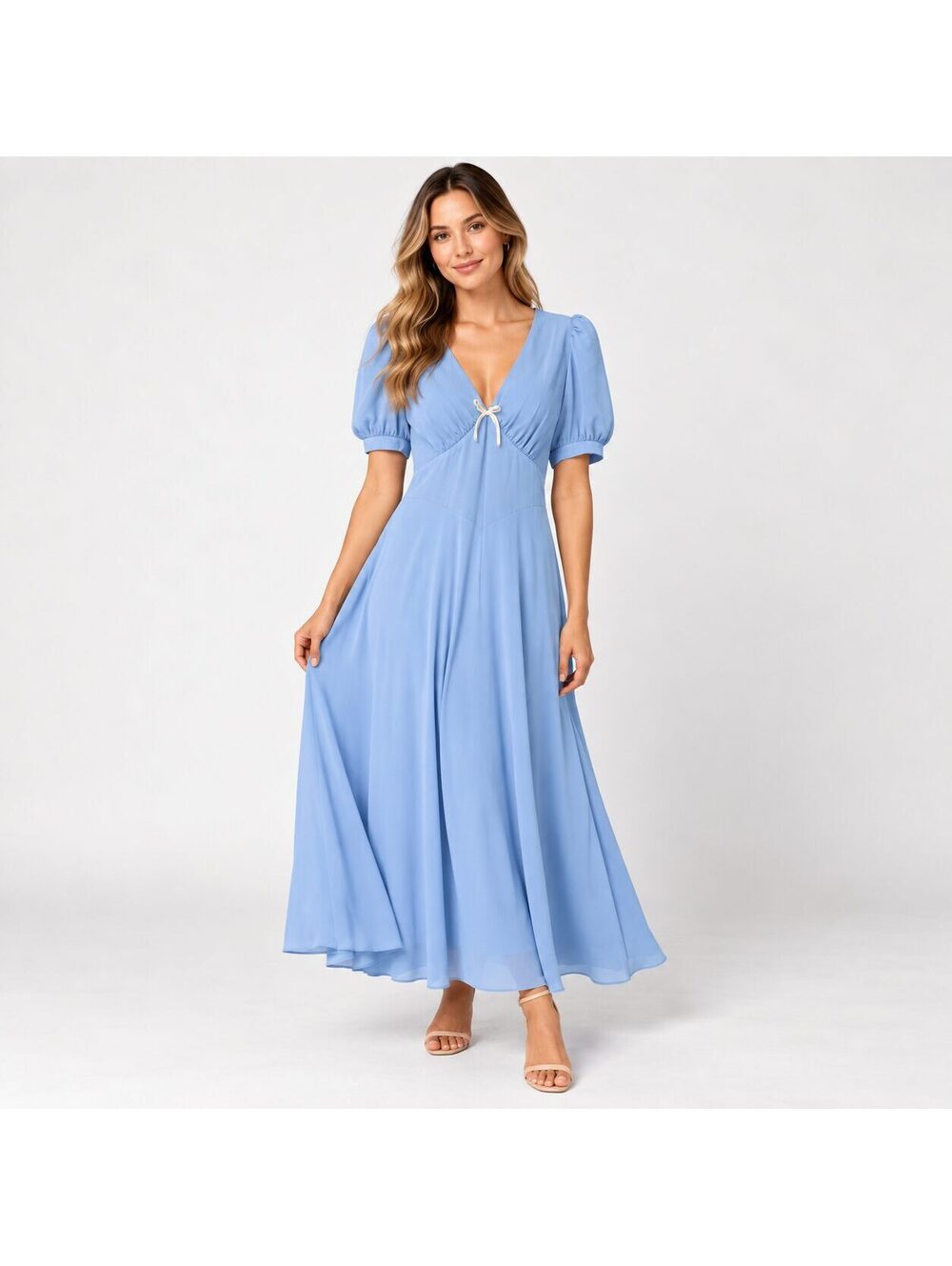 WAYF Blue Puff Sleeve V Neck Bow Detail Flowy Maxi Dress M NWT